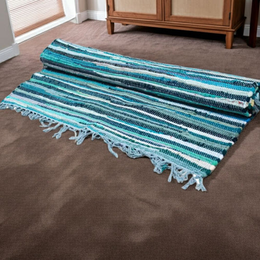 Aqua Blue Rag Rug – 150x200cm Woven Cotton Floor Rug
