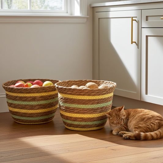 Seagrass & Straw Vase-Shaped Baskets – Yellow & Green (Set of 3) - Spencer Vibes