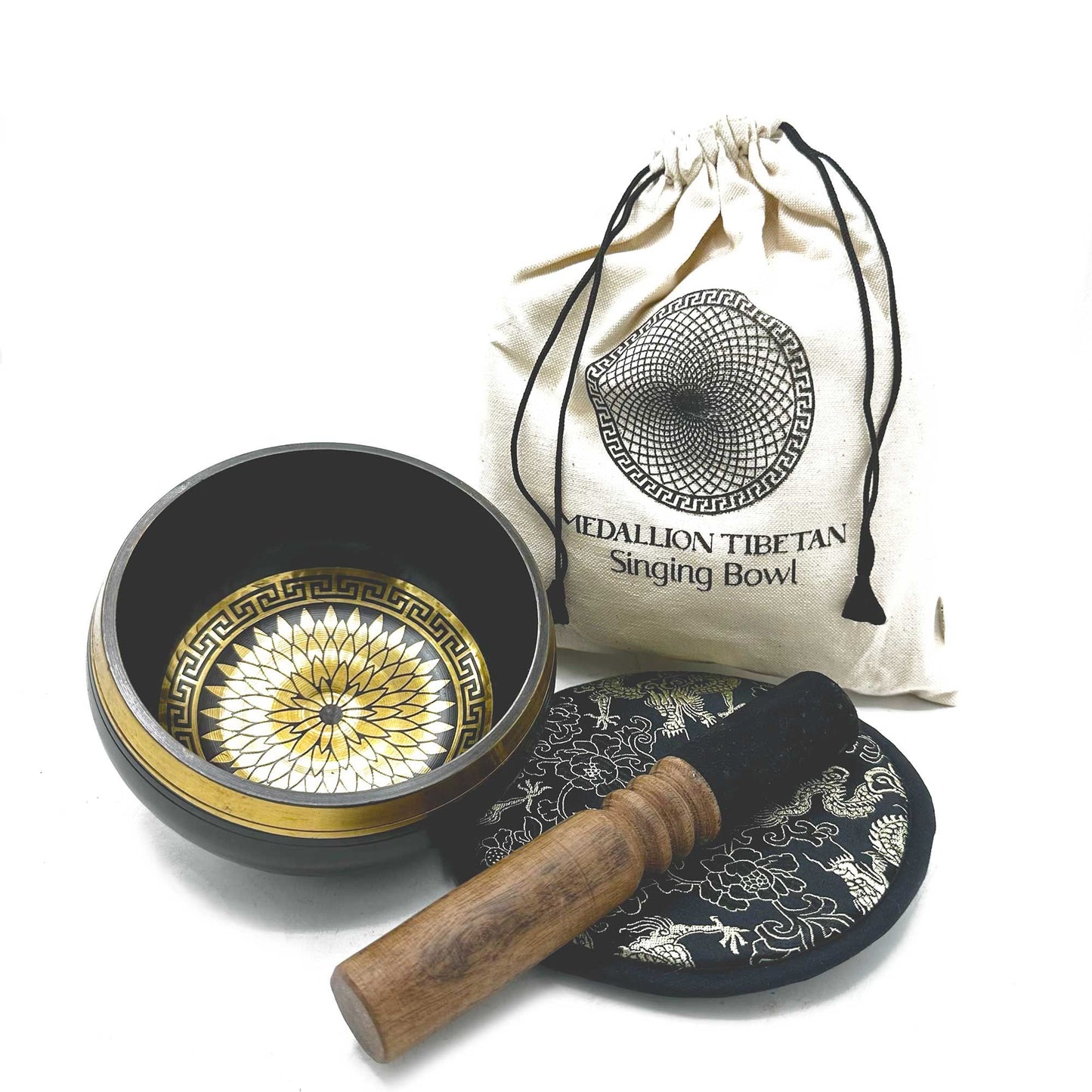 Hand-Beaten & Engraved Tibetan Singing Bowl Gift Set – 14cm Round Medallions Mandala Design