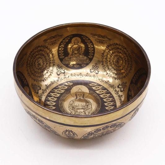 Hand-Beaten & Engraved Tibetan Singing Bowl – 21cm Five Buddhas Design