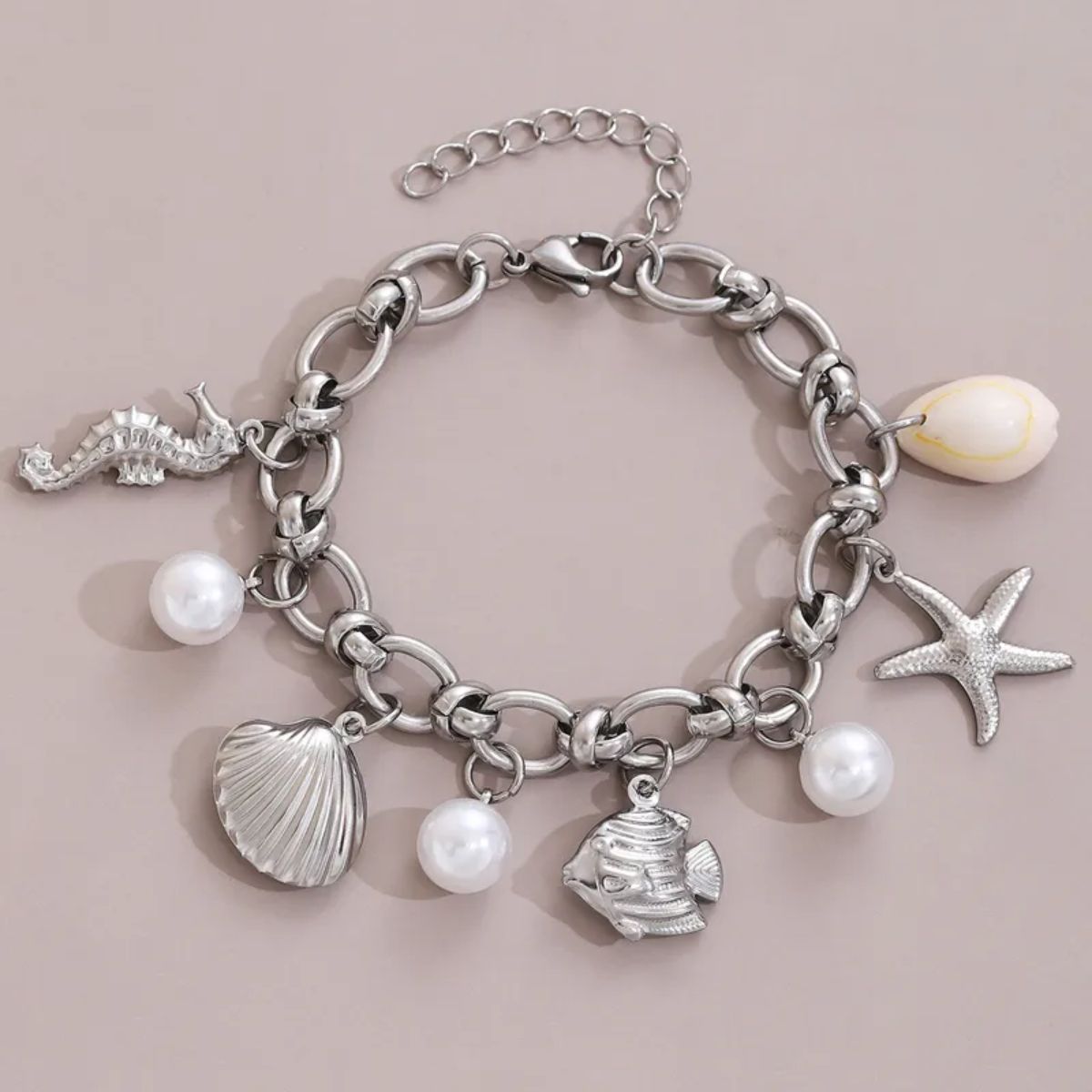 Silver-Tone Ocean Charm Bracelet with Pearl Details - Spencer Vibes