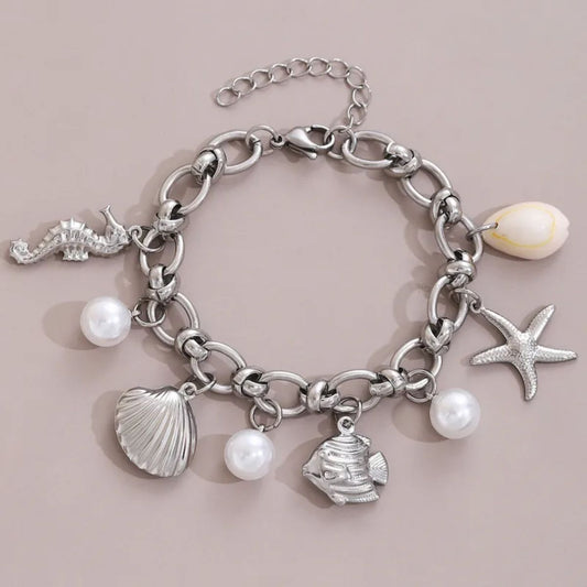 Silver-Tone Ocean Charm Bracelet with Pearl Details - Spencer Vibes