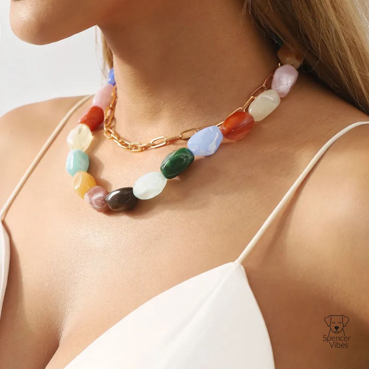 Multicolour Bead & Gold-Tone Chain Necklace - Spencer Vibes