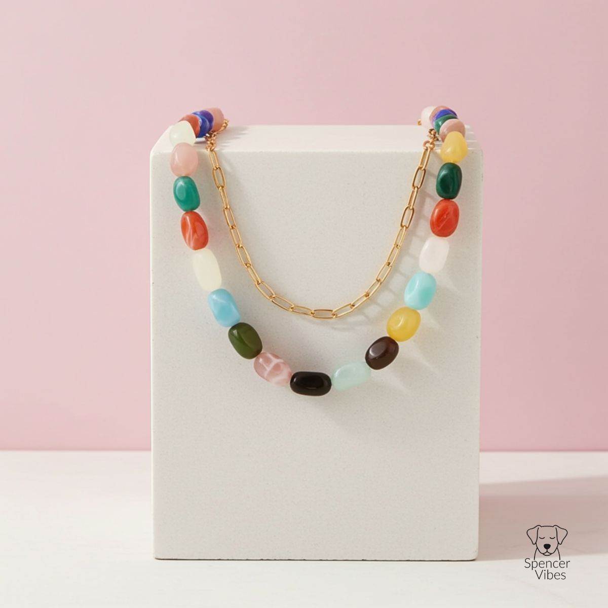 Multicolour Bead & Gold-Tone Chain Necklace - Spencer Vibes