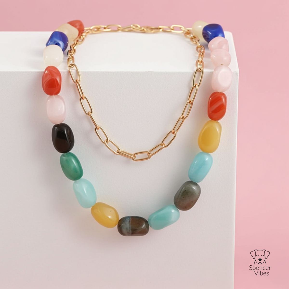 Multicolour Bead & Gold-Tone Chain Necklace - Spencer Vibes