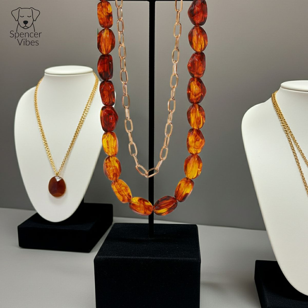 Amber-Tone Beaded Necklace with Gold Chain Accent - Spencer Vibes