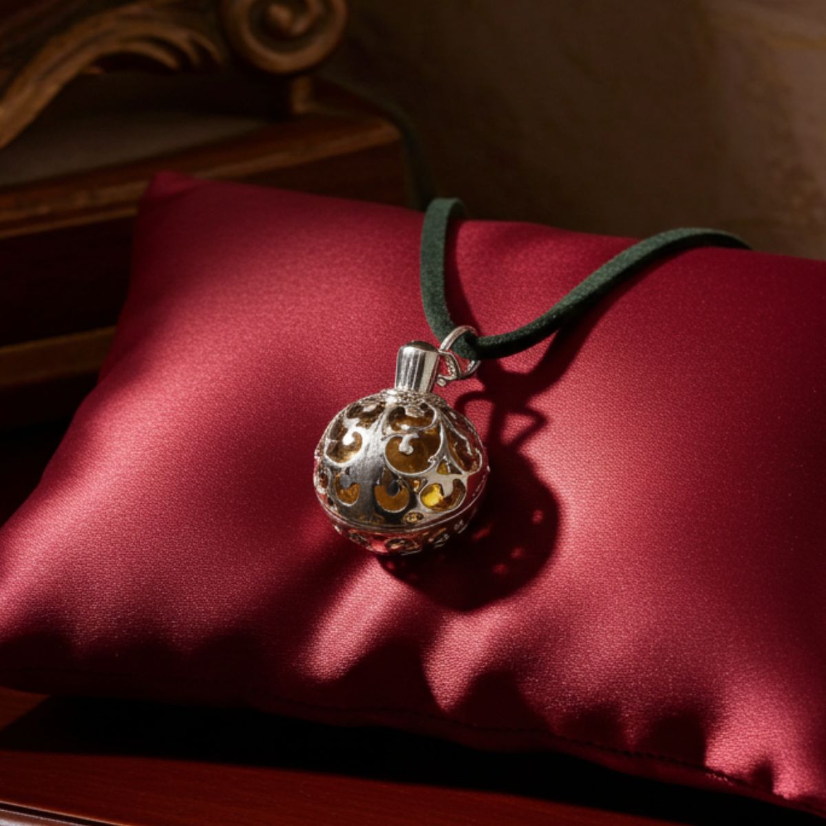 Silver pendant with gold accents on a green cord, placed on a red satin surface.