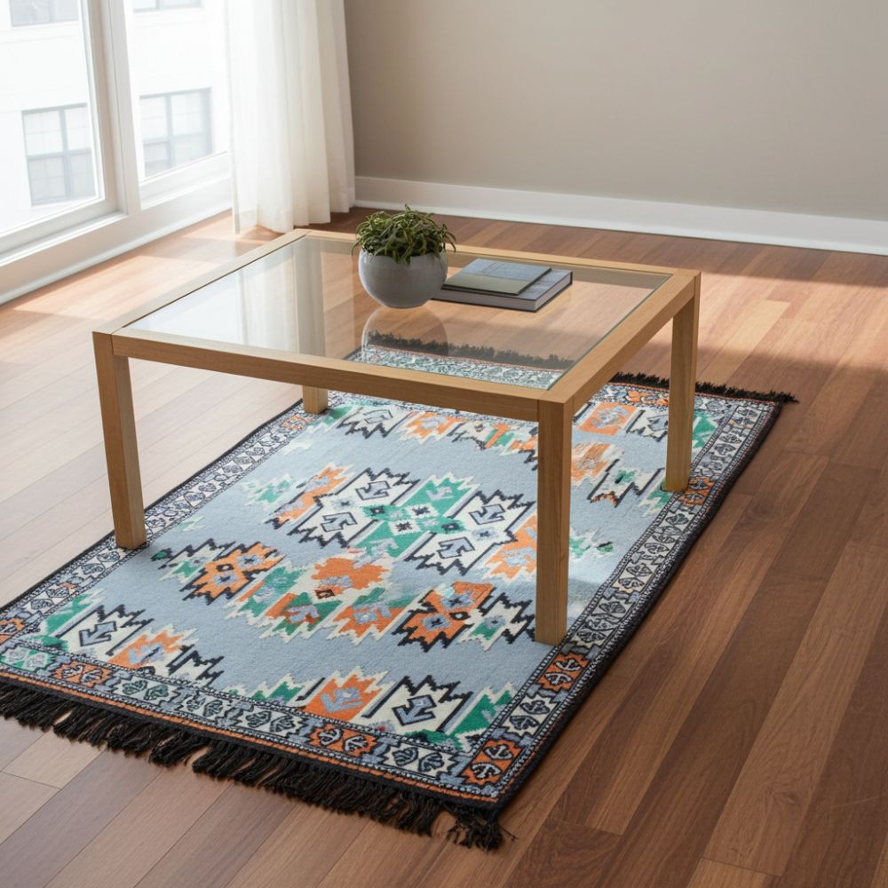 Charcoal Kilim Rug – 125x80cm Geometric Woven Rug