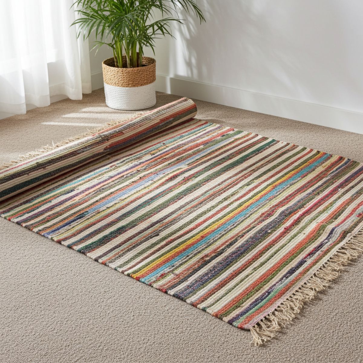 Handwoven Multicolour Cotton Floor Rag Rug (150 × 200 cm) - Spencer Vibes