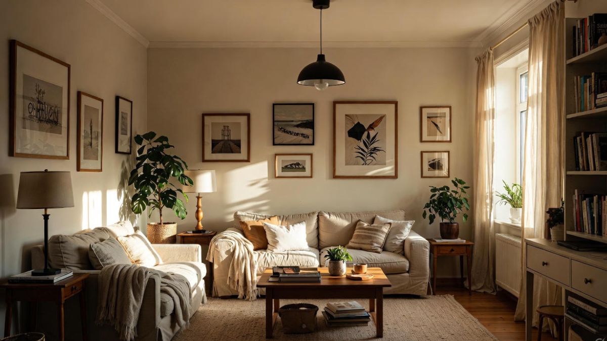 Cozy living room with beige sofa, coffee table, and framed pictures on the wall.