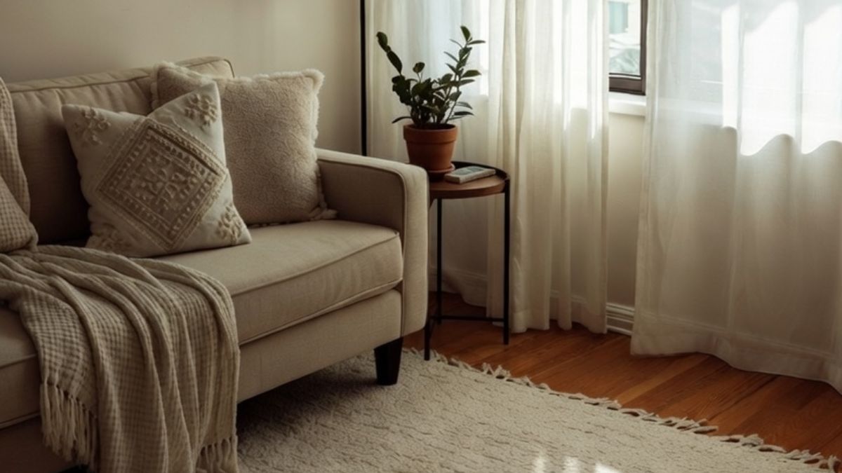 Cozy living room with beige sofa, throw blanket, and curtains.