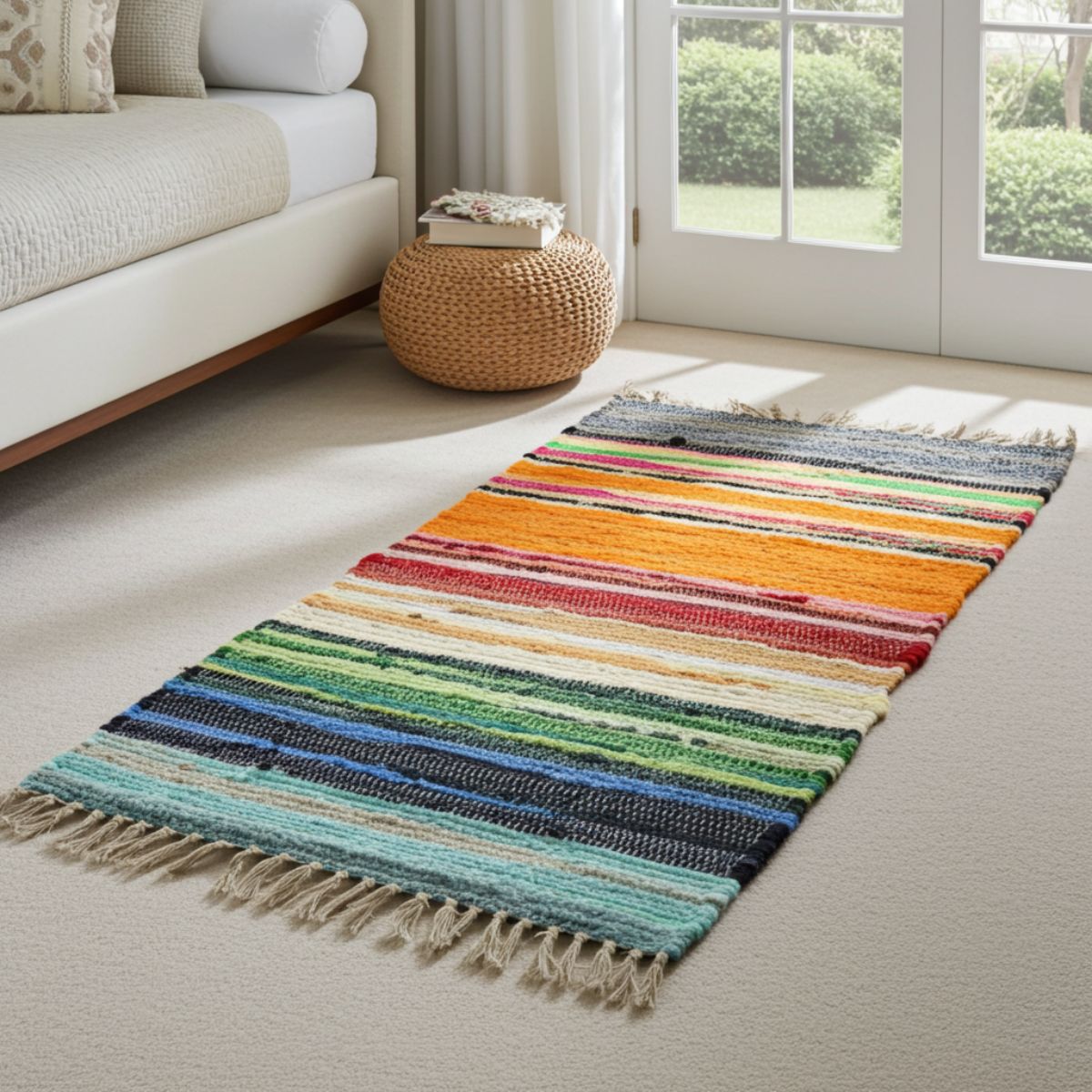Premium Vibrant Rainbow Striped Rag Rug (150x90 cm) - Spencer Vibes
