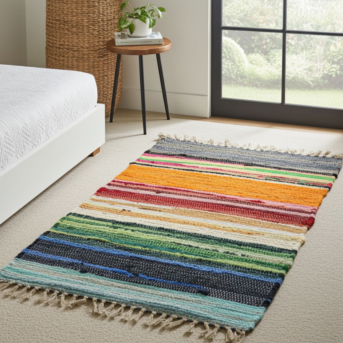 Premium Vibrant Rainbow Striped Rag Rug (150x90 cm) - Spencer Vibes