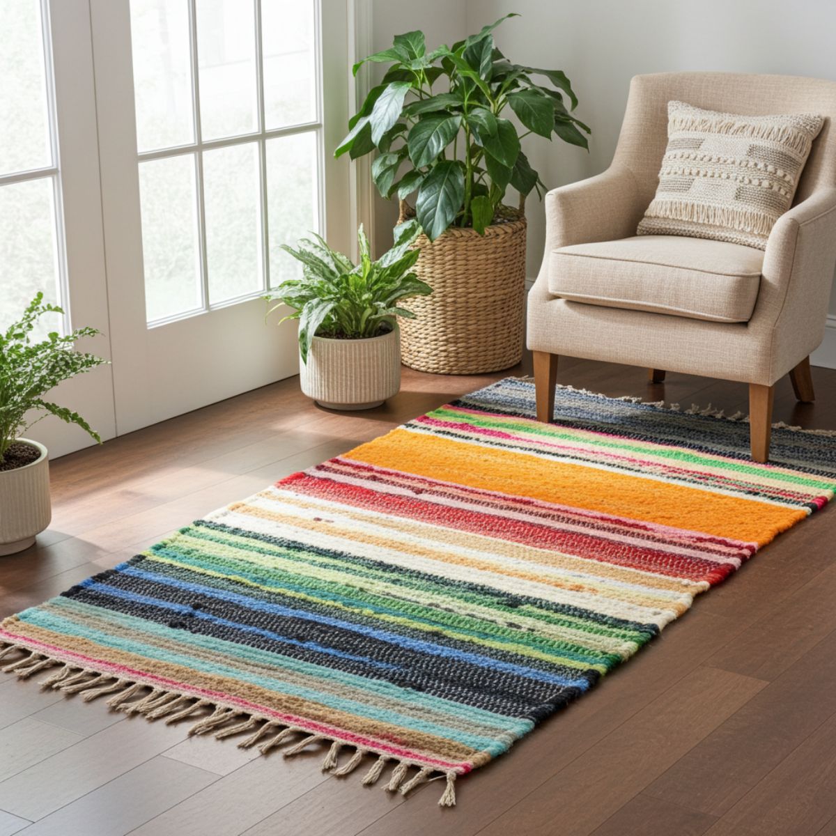 Premium Vibrant Rainbow Striped Rag Rug (150x90 cm) - Spencer Vibes