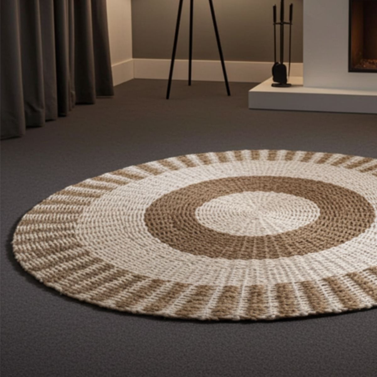 Round Seagrass Rug – White & Tan Sun Design (1m) - Spencer Vibes