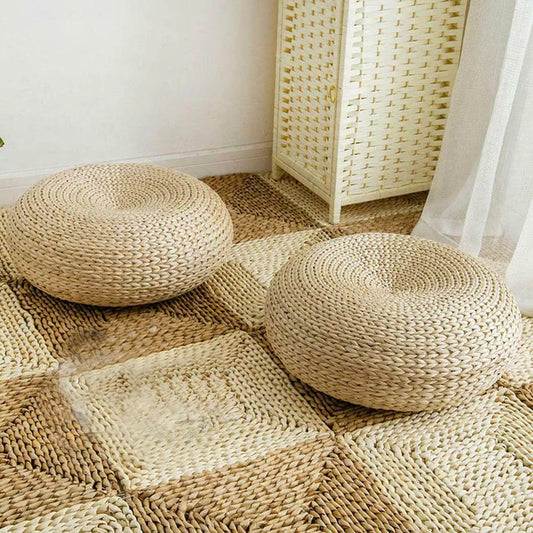 Handwoven Straw Round Floor Pillow – Japanese Style Meditation Cushion
