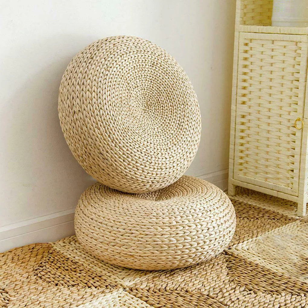 Handwoven Straw Round Floor Pillow – Japanese Style Meditation Cushion