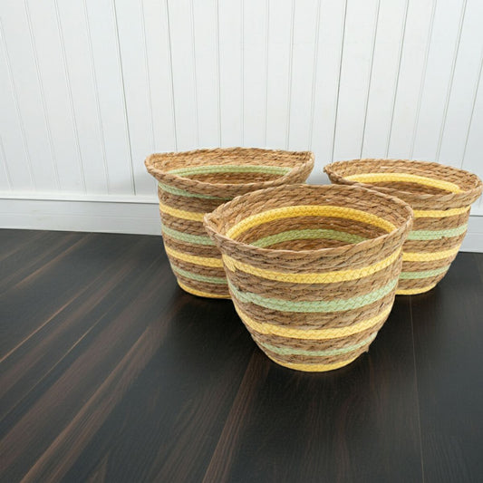 Seagrass & Straw Vase-Shaped Baskets – Yellow & Green (Set of 3) - Spencer Vibes