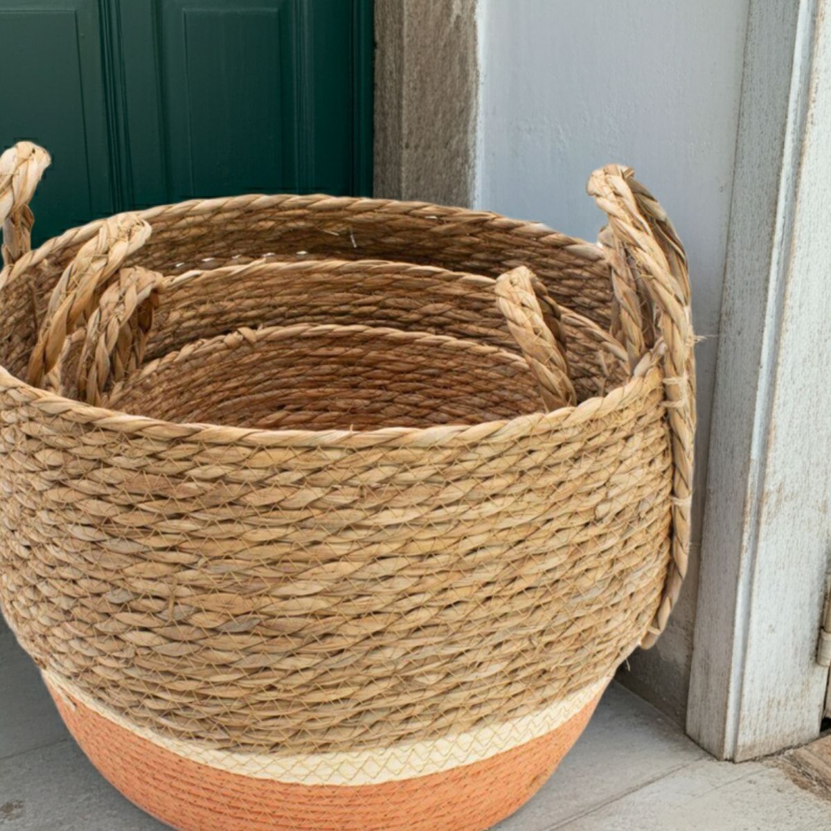 Straw & Seagrass Storage Baskets – Natural & Orange (Set of 3) - Spencer Vibes