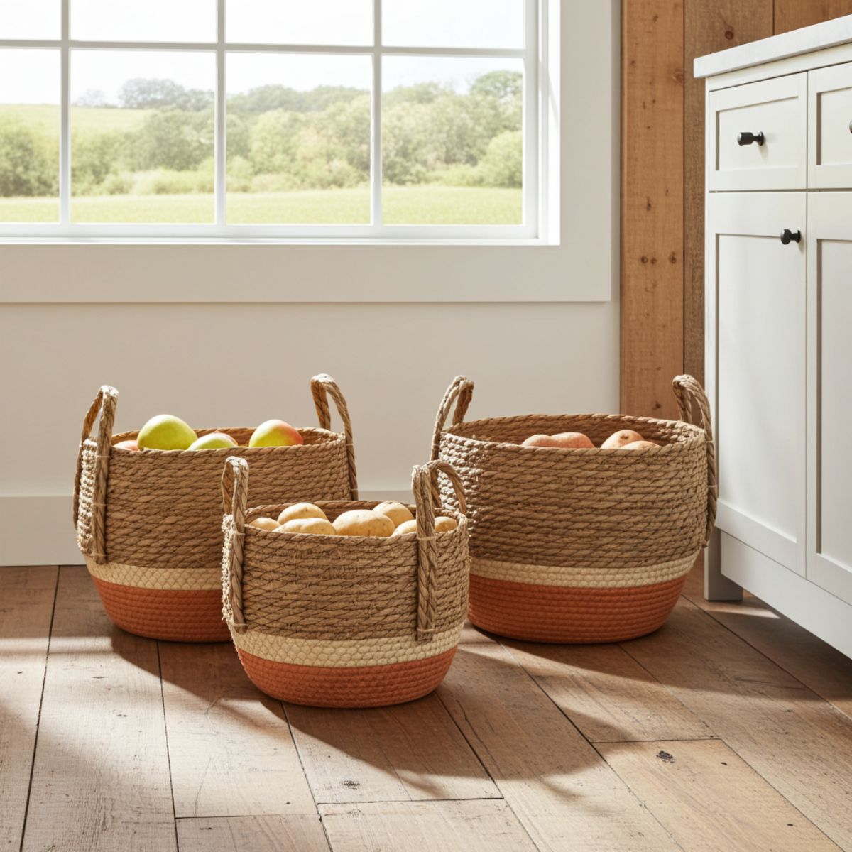 Straw & Seagrass Storage Baskets – Natural & Orange (Set of 3) - Spencer Vibes