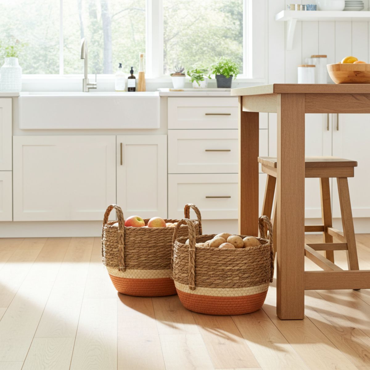 Straw & Seagrass Storage Baskets – Natural & Orange (Set of 3) - Spencer Vibes