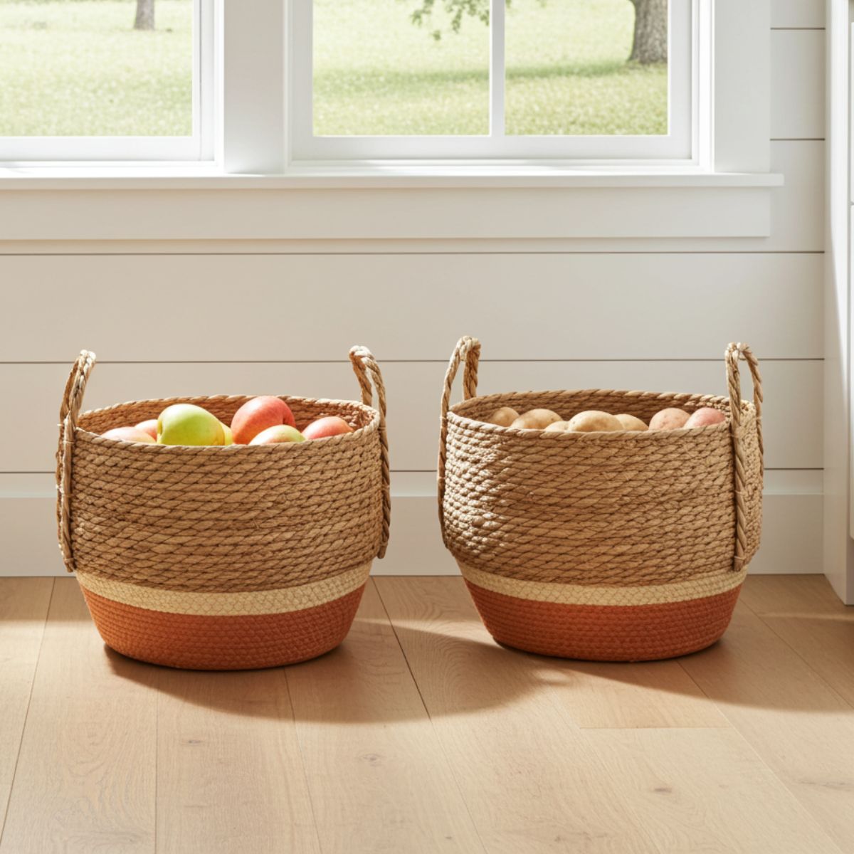 Straw & Seagrass Storage Baskets – Natural & Orange (Set of 3) - Spencer Vibes