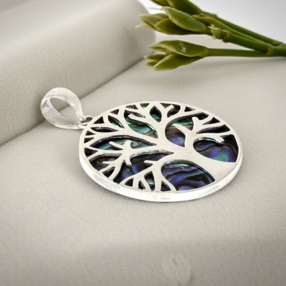 Tree of Life Silver Pendant – 30mm Abalone Inlay