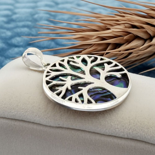 Tree of Life Silver Pendant – 30mm Abalone Inlay