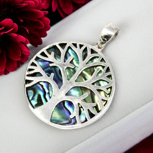 Tree of Life Silver Pendant – 30mm Abalone Inlay
