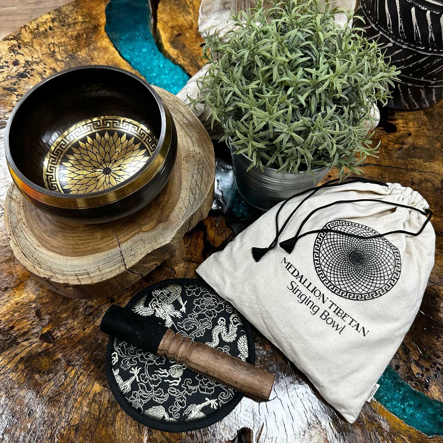 Hand-Beaten & Engraved Tibetan Singing Bowl Gift Set – 14cm Round Medallions Mandala Design