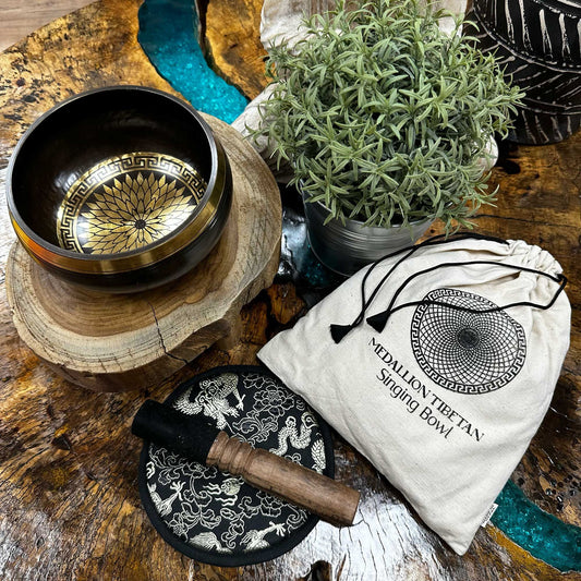 Hand-Beaten & Engraved Tibetan Singing Bowl Gift Set – 14cm Round Medallions Mandala Design