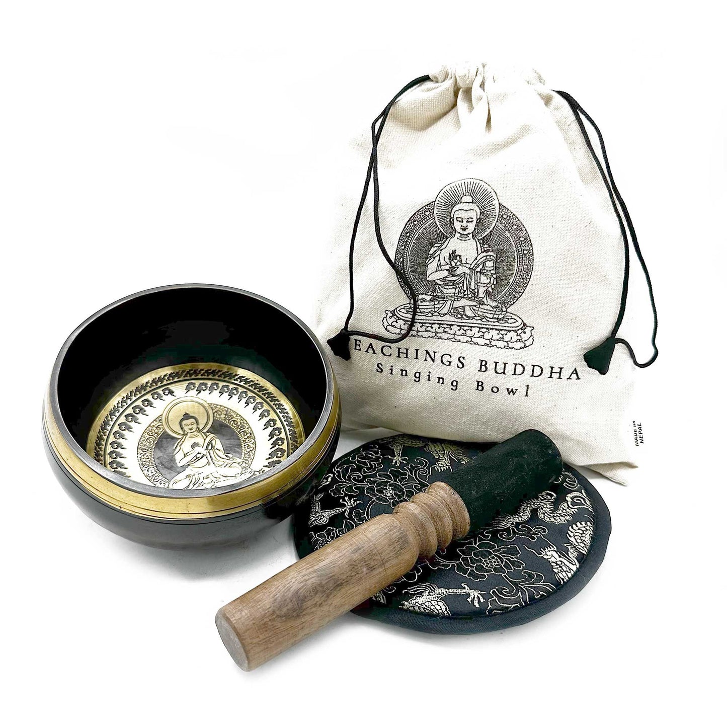 Hand Beaten & Engraved Singing Bowl Gift Set - 14cm Teachings Buddha Design