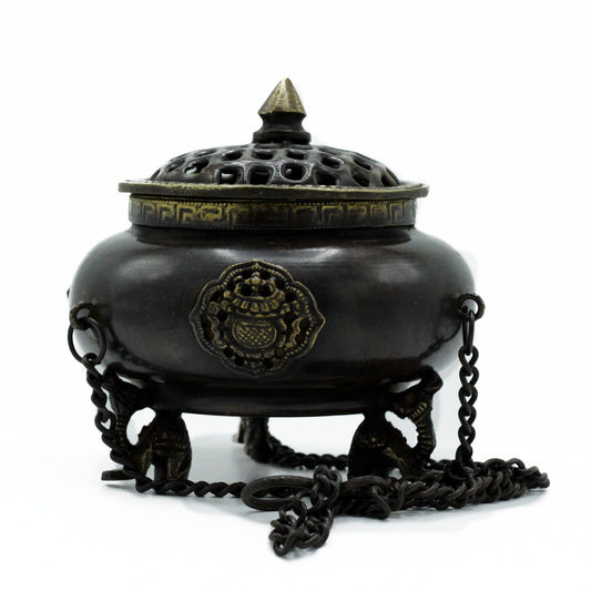 Brass Tibetan Burner - Four Symbol Hanging Pot