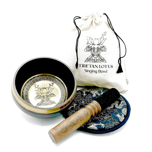 Hand-Beaten & Engraved Tibetan Singing Bowl Gift Set – 14cm Lotus Flower Design