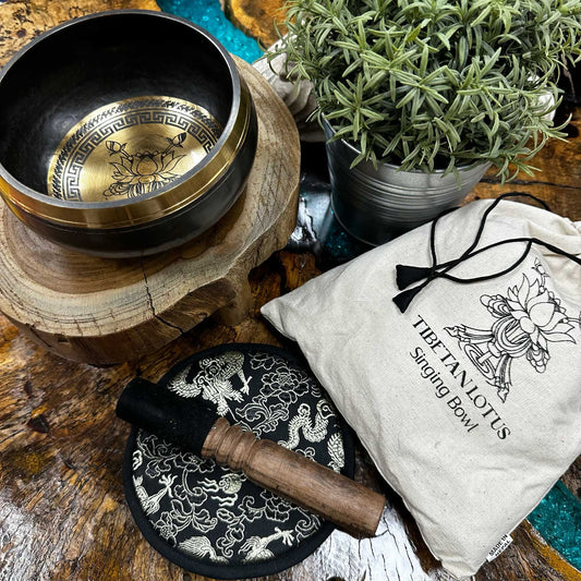 Hand-Beaten & Engraved Tibetan Singing Bowl Gift Set – 14cm Lotus Flower Design