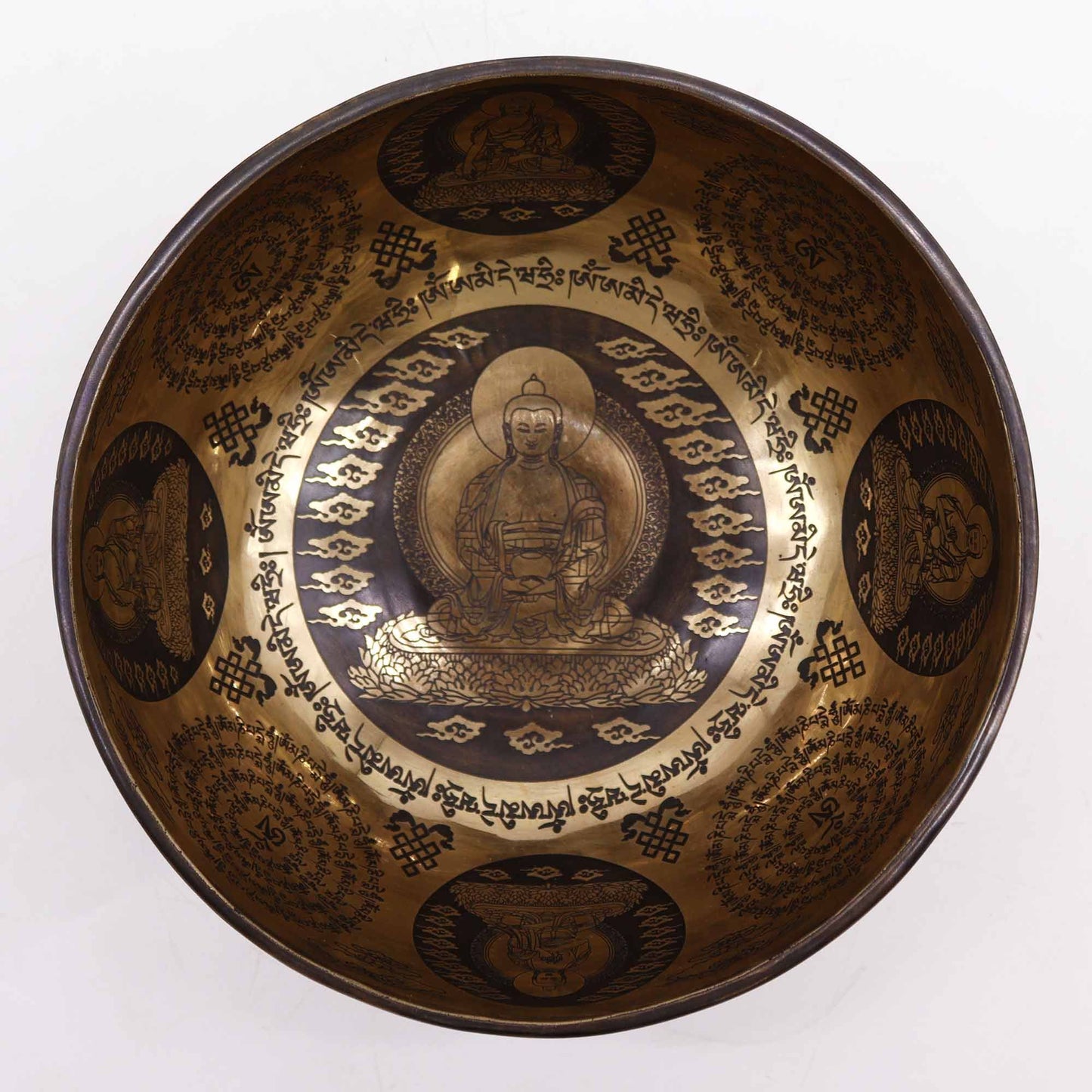 Hand-Beaten & Engraved Tibetan Singing Bowl – 21cm Five Buddhas Design