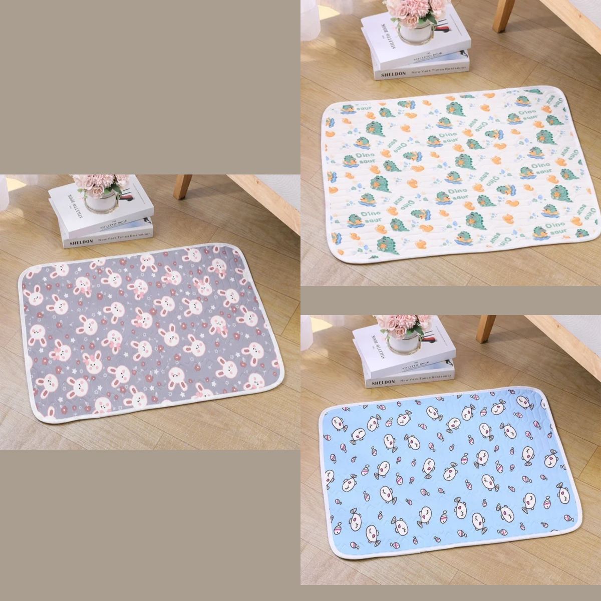 Three rectangular Summer Breathable Cooling Mat For Dogs with rounded corners are displayed on a wooden floor, each featuring a unique animal pattern: pastel bunnies on gray, dinos on white, and cartoon pandas on blue. A vase of flowers is nearby.
