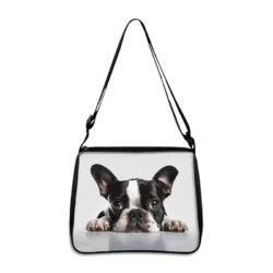 The Cute Prone Dog Shoulder Bag (yxbProneDog05fx) features a printed Bulldog, Beagle, and Pug design on a crisp white background. This women”™s crossbody handbag is perfect for animal lovers and offers portable storage as a phone holder or gift.