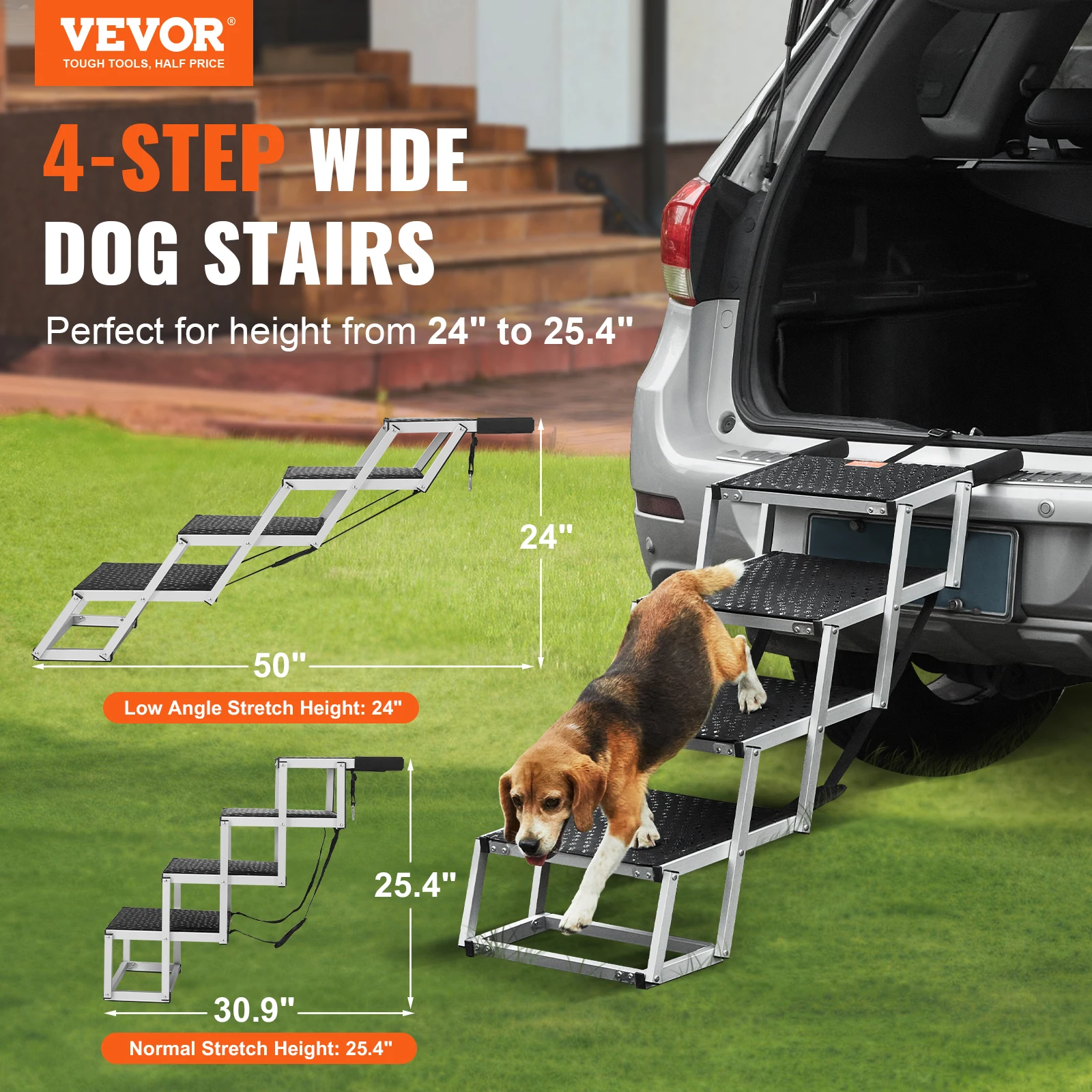 A brown and white dog descends the VEVOR Dog Stair for Cars””wide, 4-step, folding aluminum pet steps (24””“25.4” high)””that attach to an SUV trunk, allowing pets up to 150 lbs easy and safe vehicle access.