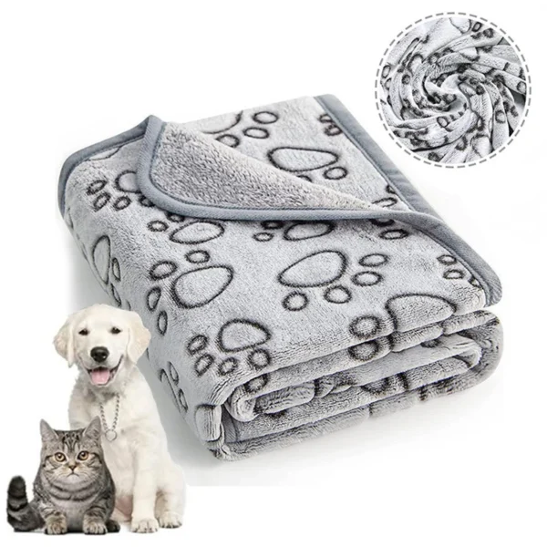 The Soft Fluffy High Quality Pet Blanket is shown folded in gray with black paw prints. In the top right, its rolled up, while a cat and dog sit side by side looking forward in the bottom left.