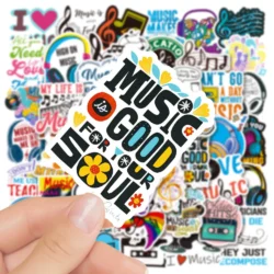 A hand holds a Cute Motivational Music Notes Stickers Inspirational Phrases sticker reading Music is good for your soul in bold letters, surrounded by vibrant flower, music note, and motivational stickers in an artistic collage.