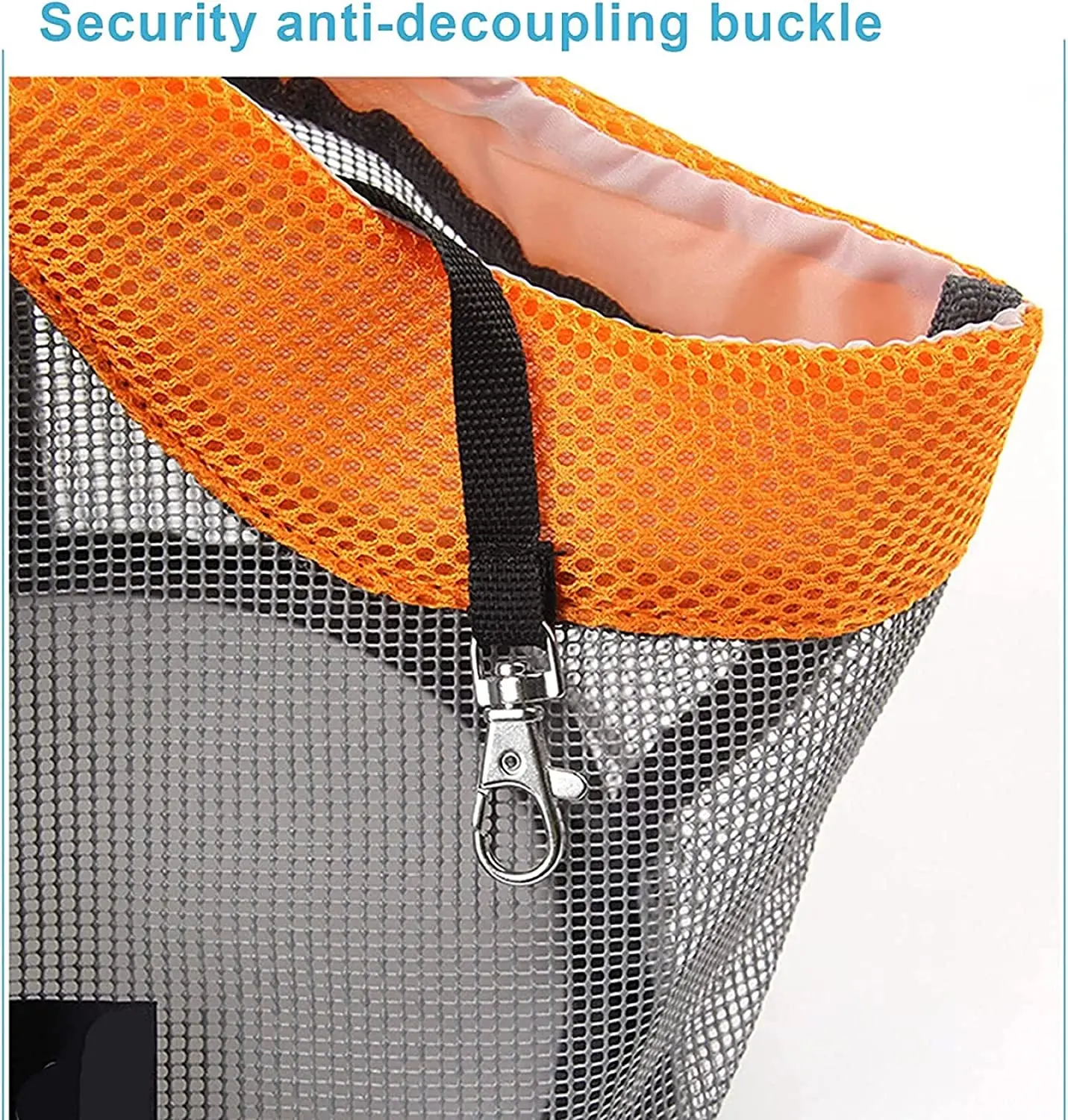 Close-up of a black security buckle on the Pet Carrier Bags Mesh Foldable Handbag Purse, attached to mesh and orange fabric. Ideal for Miniature Schnauzer-sized dogs, it has anti-decoupling metal hardware and sturdy straps for safe travel.