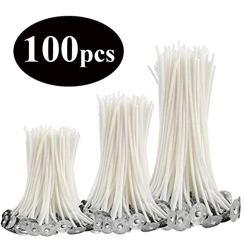 Three bundles of Smokeless Candle Wicks with silver metal bases stand upright at different heights. A black oval label in the top left reads 100 pcs in bold white text, indicating the total piece count. The background is plain white.