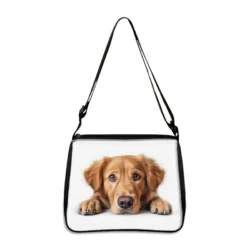 The Cute Prone Dog Shoulder Bag (yxbProneDog02fx) features a brown dog lying down with soulful eyes. Part of our Dogs Print Crossbody Bags for women, it has black straps and edges, shown on a white background.