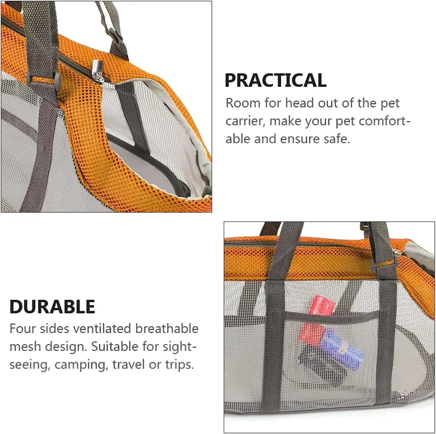 A gray and orange Pet Carrier Bags Mesh Foldable Handbag for Small Dogs is shown. One panel shows a zippered head opening labeled “PRACTICAL.” Another highlights a side pocket and ventilated mesh, labeled “DURABLE.”.