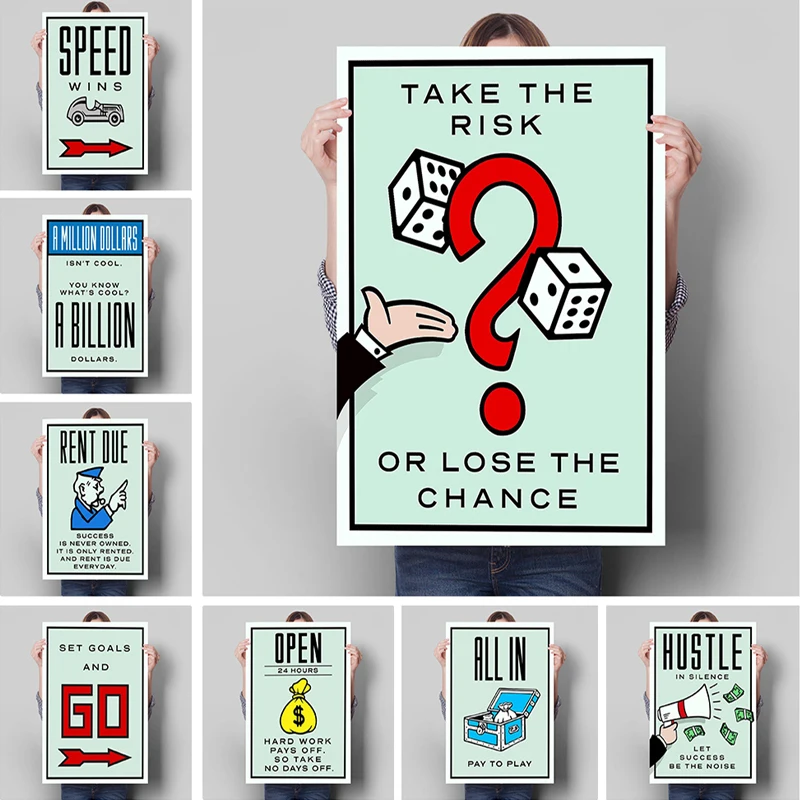 A collage of eight motivational posters, each held by a person. The centerpiece is the Monopoly Millionaire Dollar Money Unframed Poster, reading Take the Risk or Lose the Chance with dice; others highlight money, hustle, speed, rent, and hard work themes.