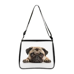 The Cute Prone Dog Shoulder Bag (yxbProneDog06fx) showcases a lifelike pug print, features a black strap, white background, and serves as a stylish crossbody handbag or phone holder””perfect as an adorable gift for dog lovers.