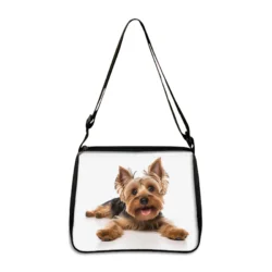 The Cute Prone Dog Shoulder Bag (yxbProneDog13fx) is a black portable crossbody with a printed Yorkshire Terrier lying down, black strap, and charming dog image centered on white””perfect as a handbag, phone holder, or gift.