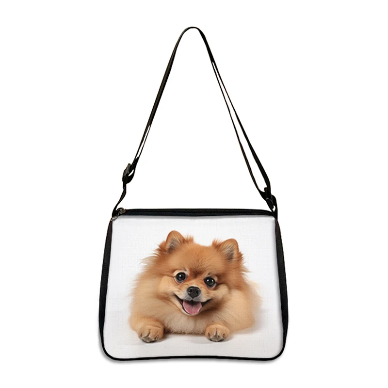 A portable storage bag with a black strap and trim, featuring a cute prone dog print””perfect for fans of bulldog, beagle, or pug crossbody bags. Great as a women”™s handbag, phone holder, or gift.