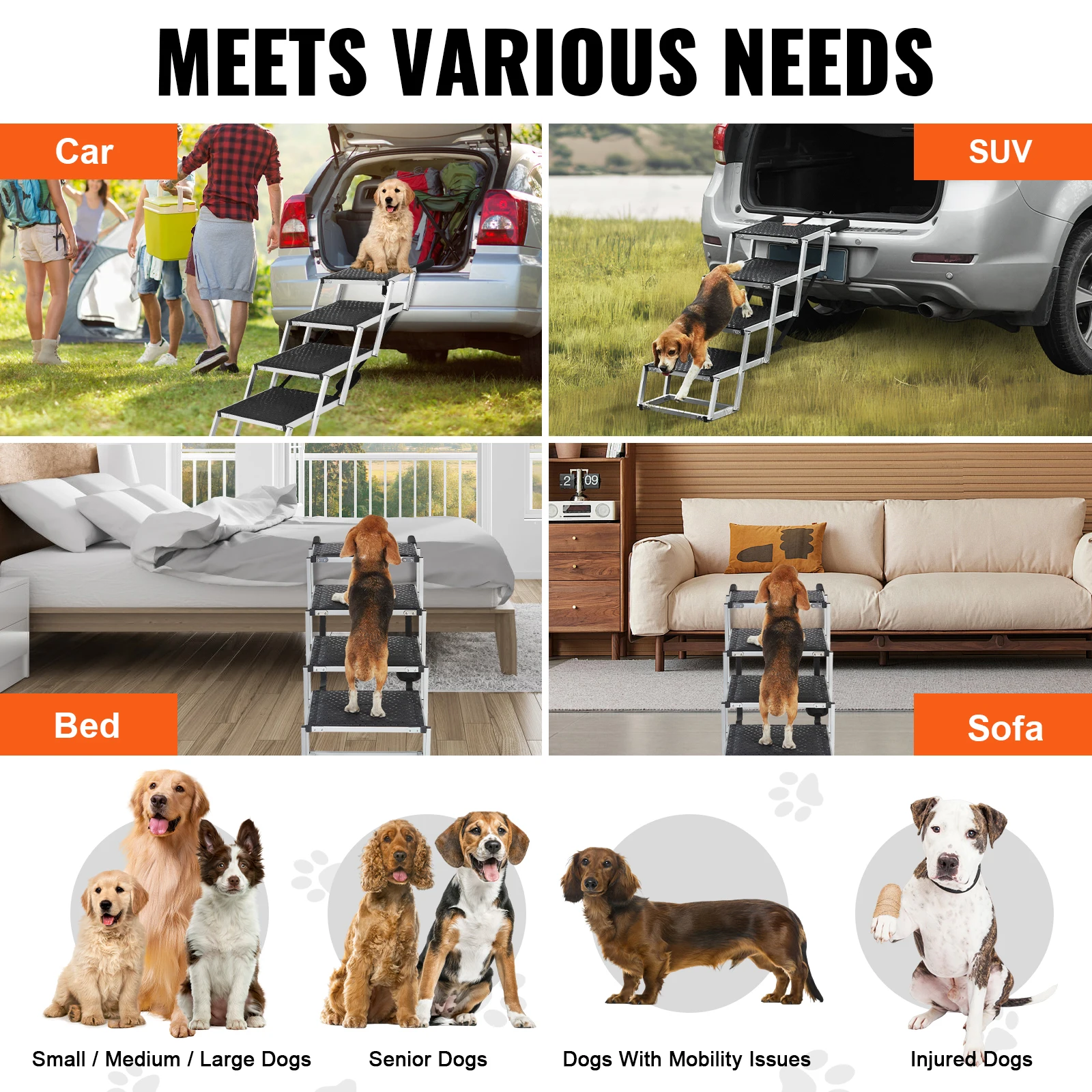 A dog uses the VEVOR Dog Stair for Cars, a lightweight folding 4-step pet step for cars, SUVs, and trucks (up to 150 lbs). Images show small/medium/large, senior, and injured dogs. Text: “Meets Various Needs.”.